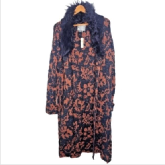 NEW Anthropologie Jacquard Long Open Front Sweater Coat Fur Collar XL $248 - Picture 1 of 7